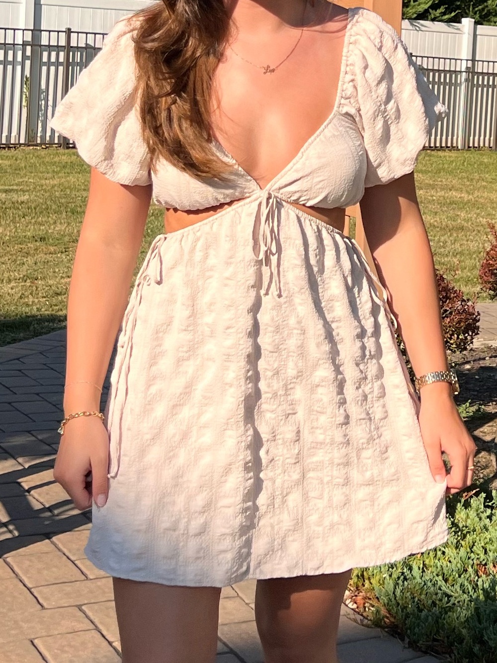 Women’s Tan Summer Mini Dress with Puff Sleeves